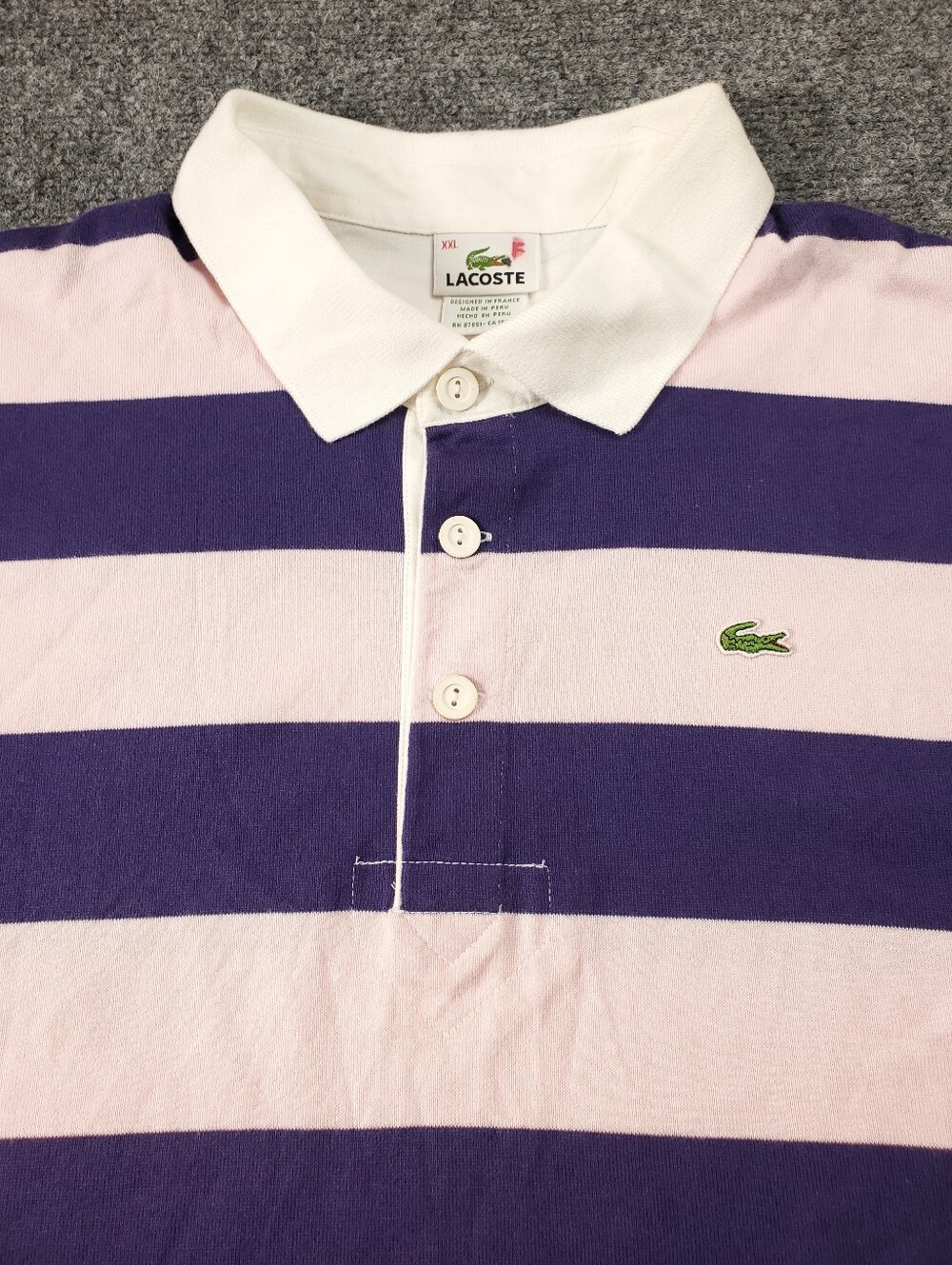 Lacoste Rugby Polo Shirt 2XL Long Sleeve Striped Purple Pink Contrast Collar - Picture 4 of 11